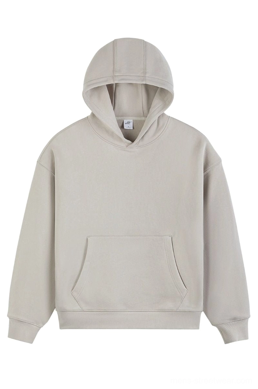 Khaki oatmeal beige oversized heavyweight hoodie with dropped shoulders wide hood opening and large front kangaroo pocket