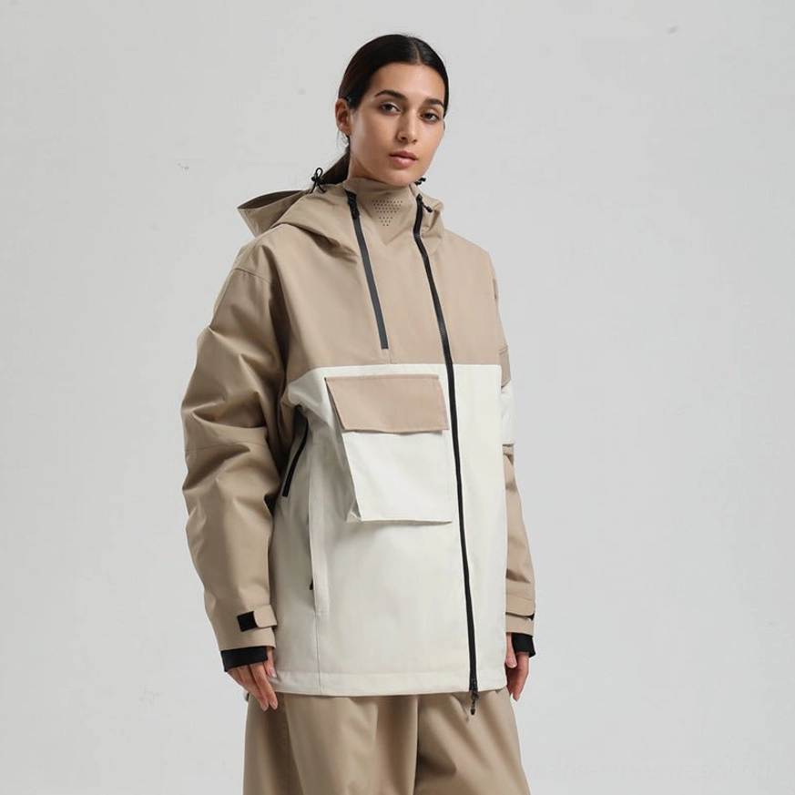 Khaki and off white two tone snowboard jacket with hood, dual front flap pockets, contrast cuffs, and relaxed streetwear fit