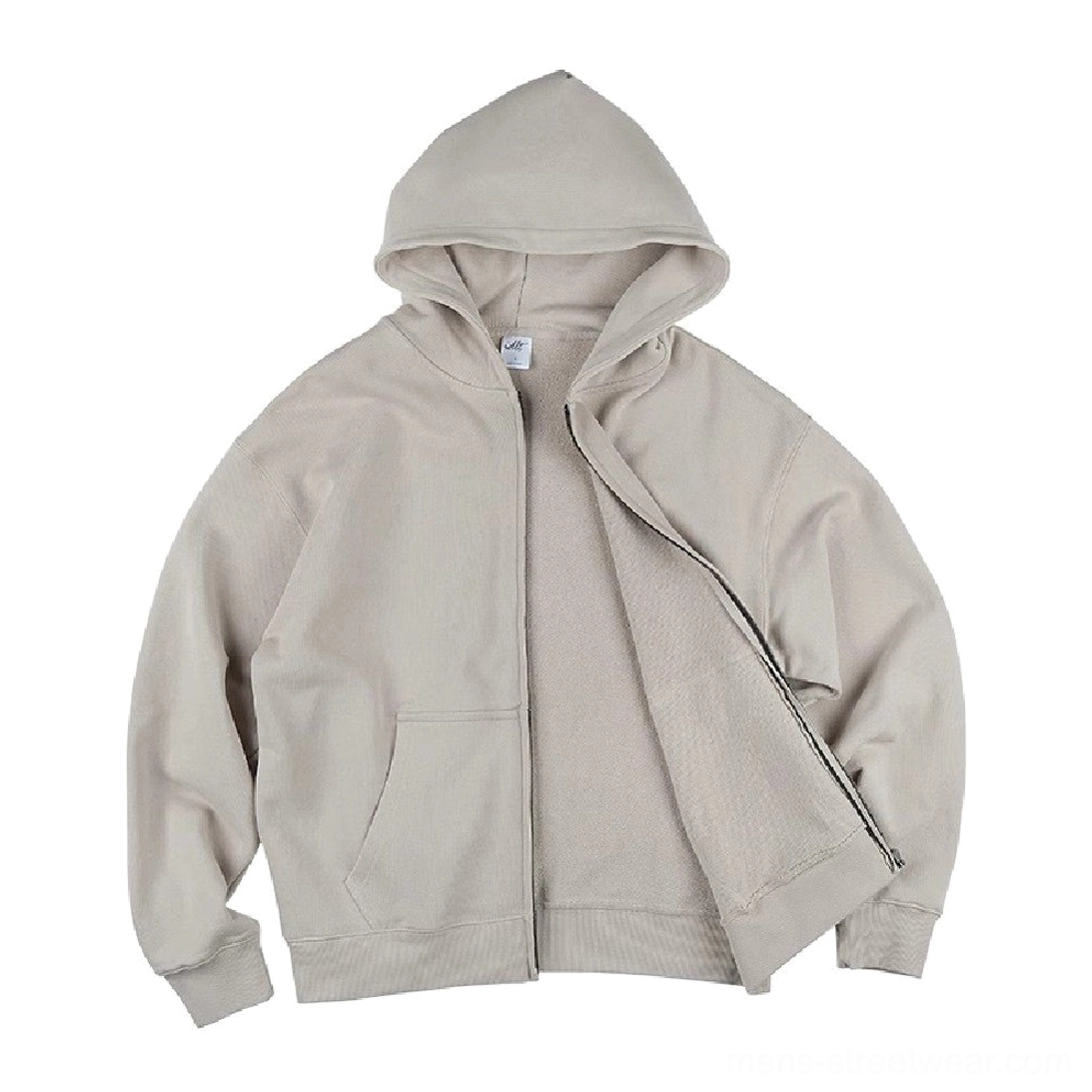 Khaki oversized full zip hoodie shown open with soft brushed fleece interior and relaxed streetwear fit