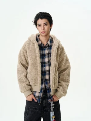 Khaki oversized sherpa fleece hooded bomber jacket front full-body view in Korean streetwear styling