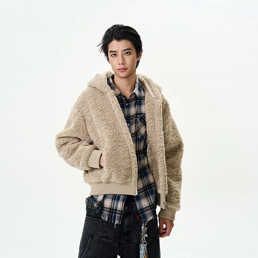 Khaki oversized sherpa fleece hooded bomber jacket with ribbed cuffs hem and front pockets