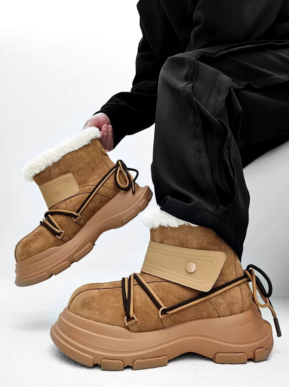 Khaki platform shearling snow boot side profile showing suede-finish upper, wide strap detail, brown laces, and thick rubber sole