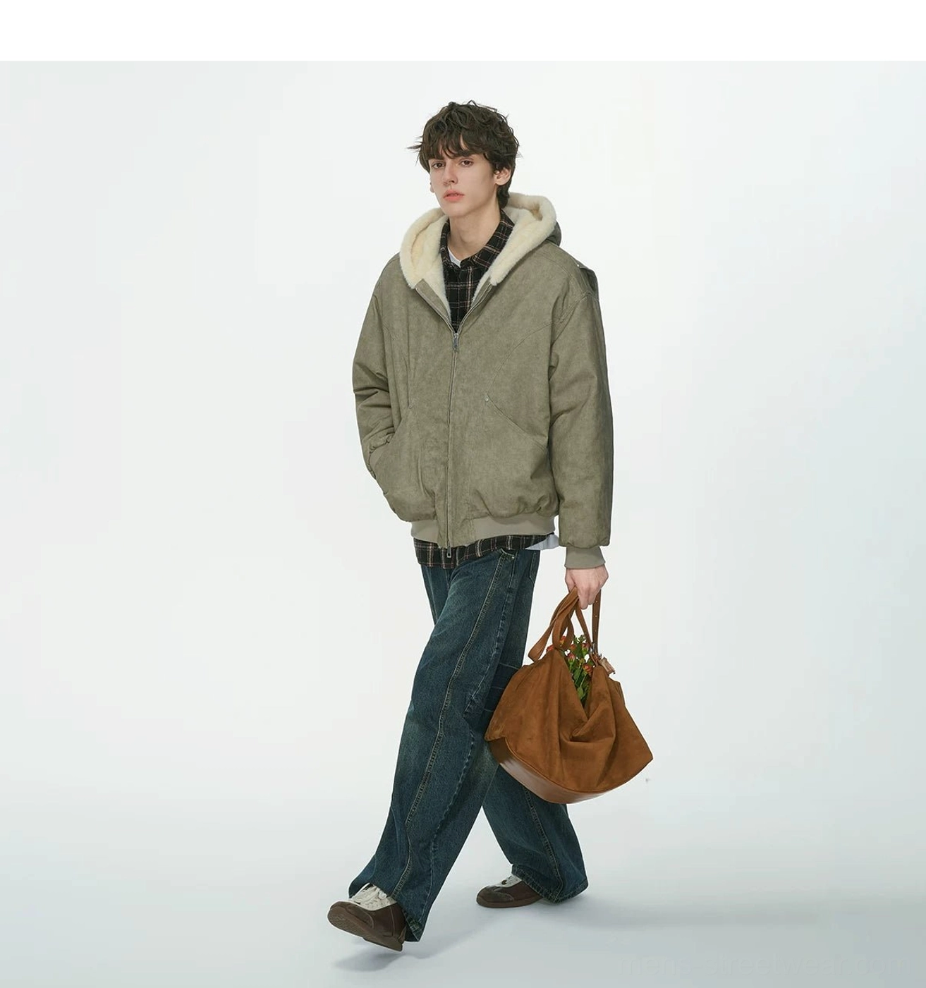 Khaki relaxed fit faux-shearling lined hooded bomber jacket styled with wide-leg pants