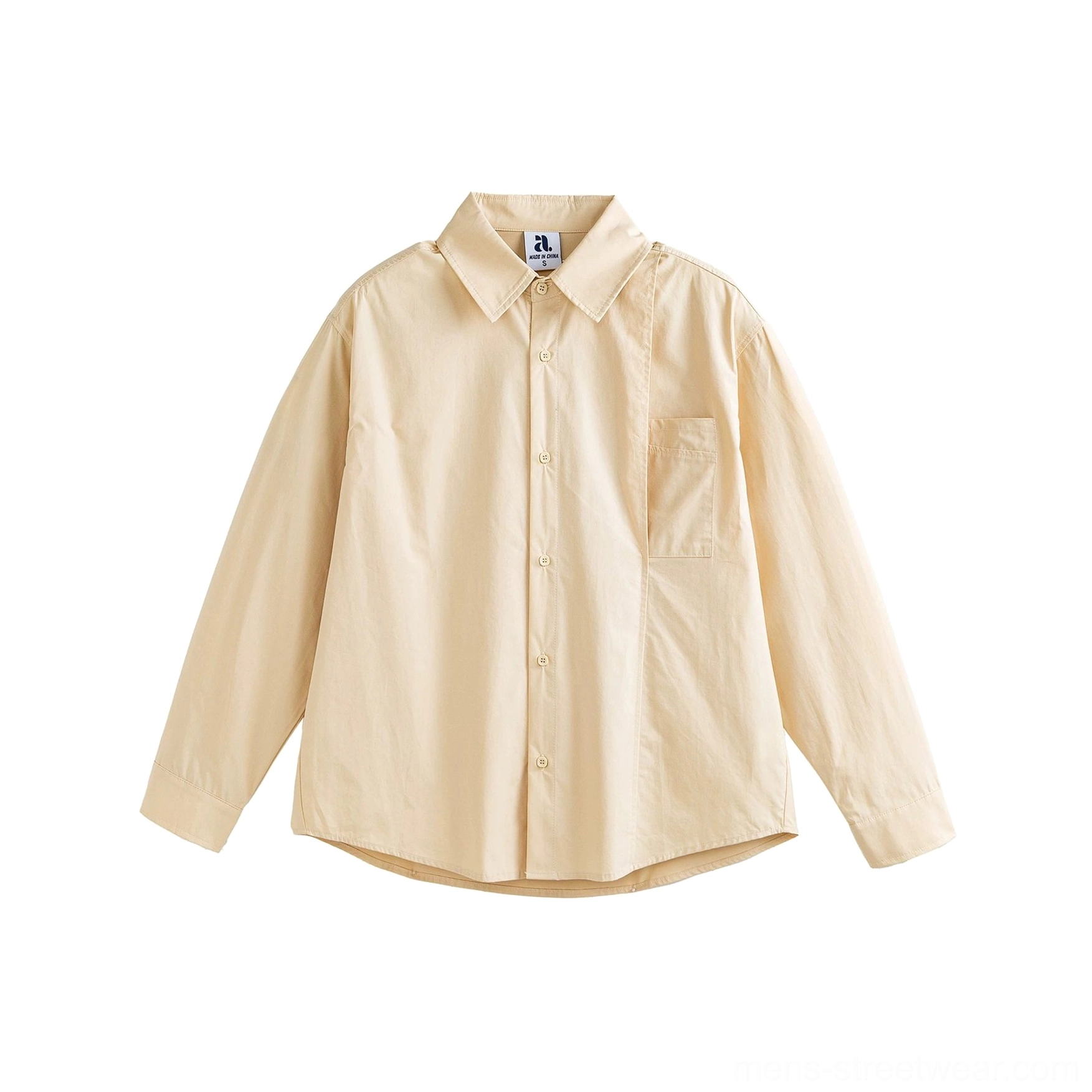 Khaki relaxed poplin shirt with loose long-sleeve silhouette for minimalist Korean streetwear outfits
