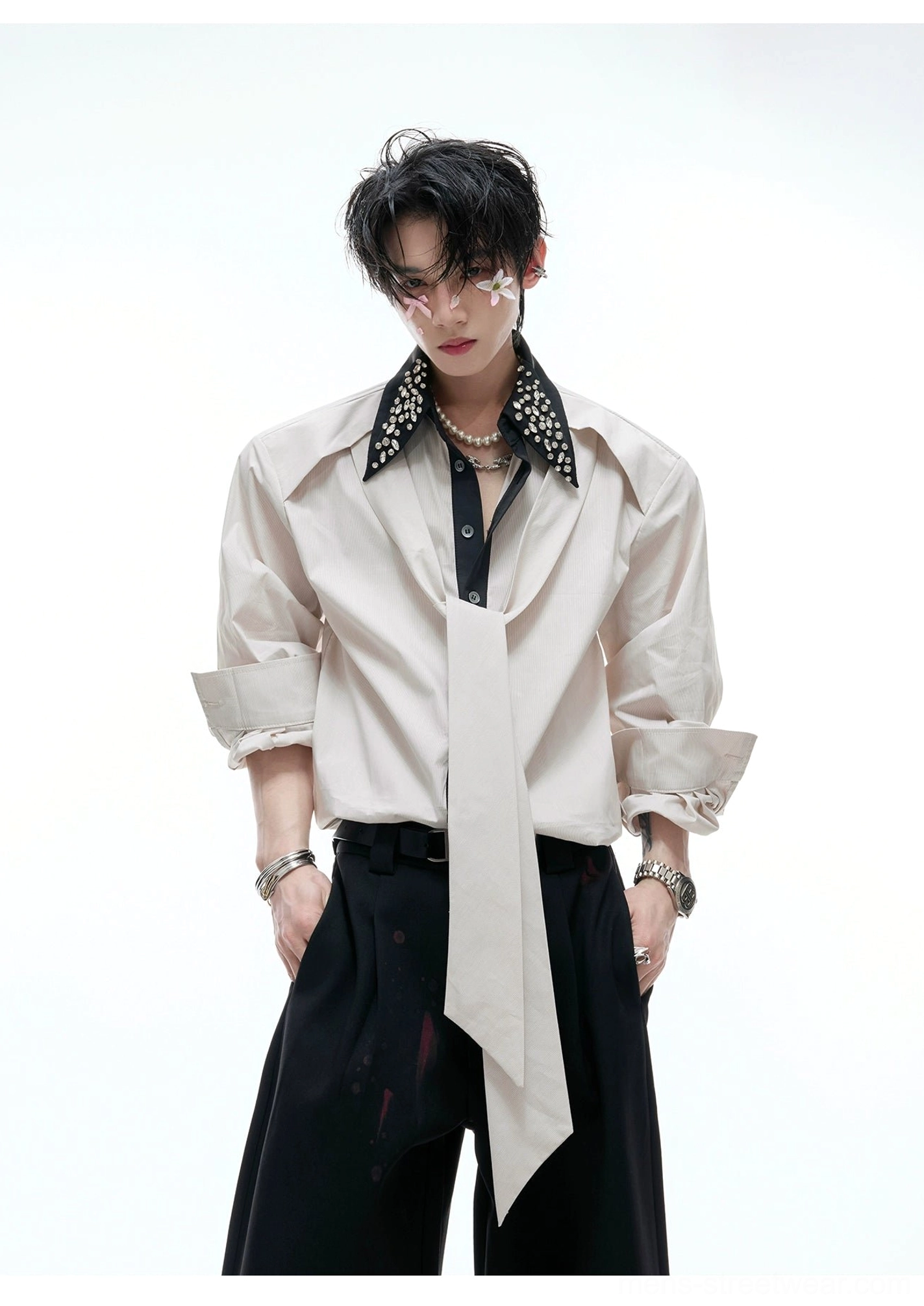 Khaki rhinestone collar dress shirt with long matching tie rolled cuffs and front button placket full body view