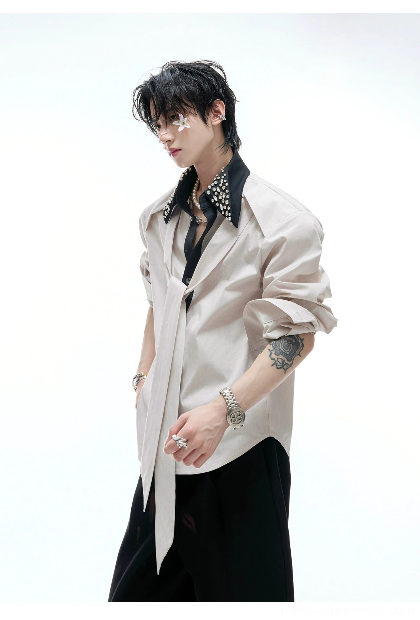 Khaki rhinestone double collar long tie dress shirt with black contrast inner collar side front view