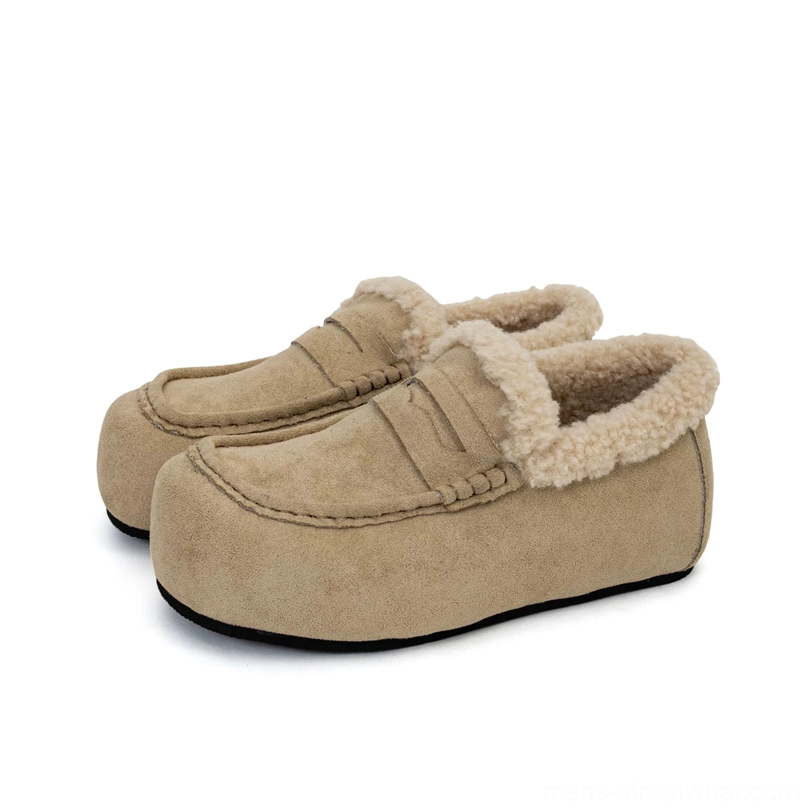 Close-up of khaki shearling lined suede penny loafer showing plush faux fur collar and vamp strap
