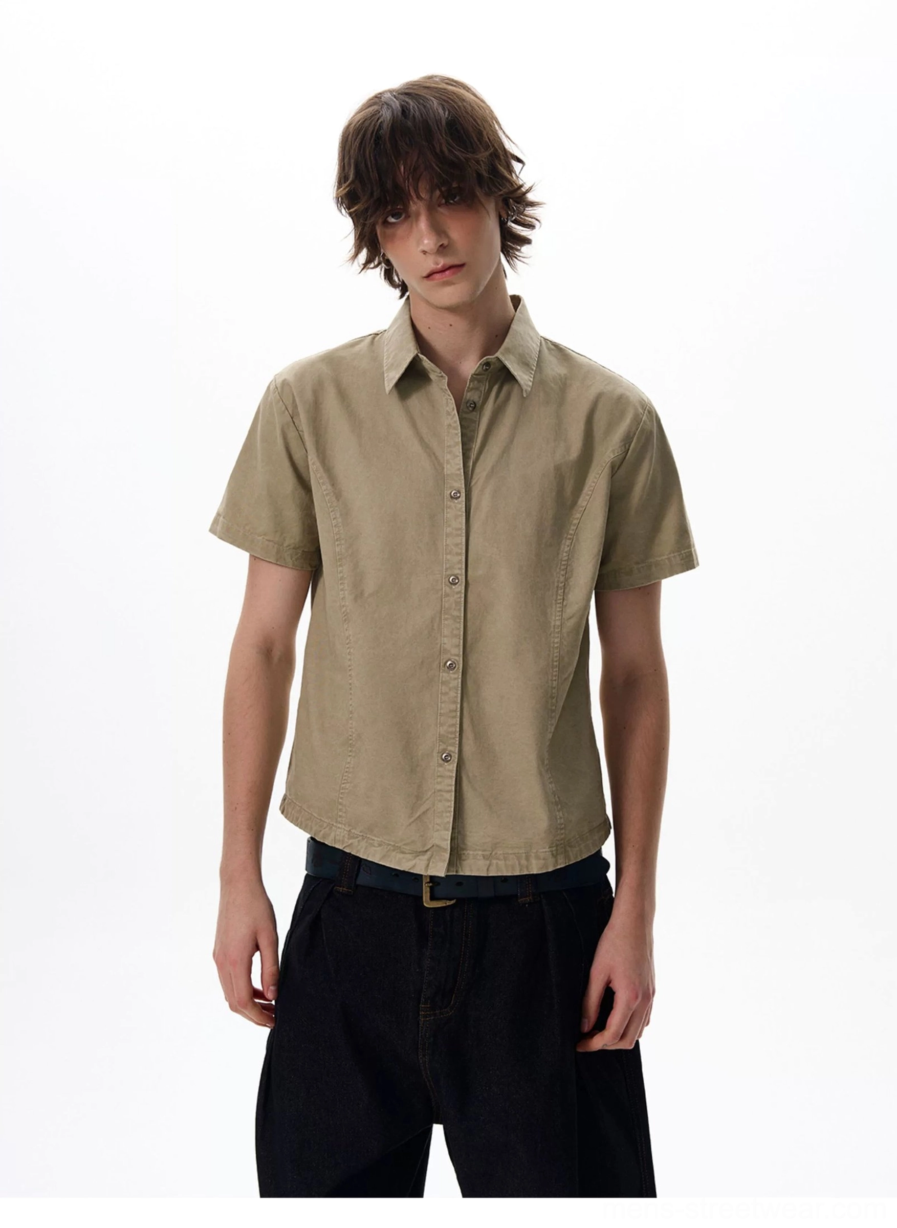 Khaki short sleeve streetwear utility shirt with classic collar styled with black casual pants