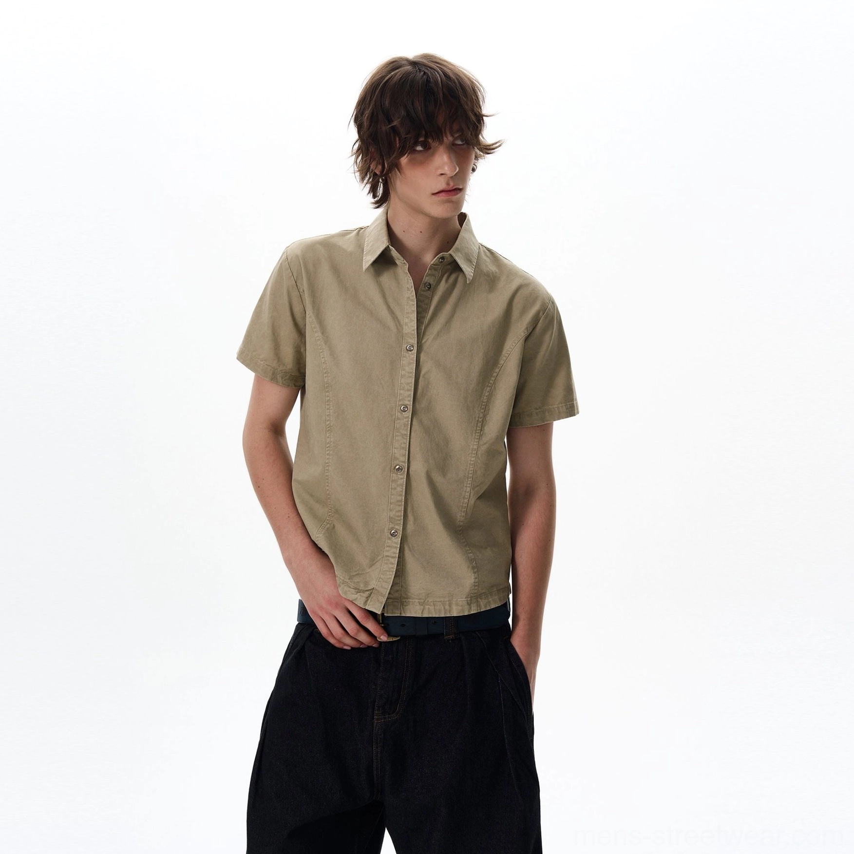 Khaki short sleeve utility shirt color option with classic collar and button-down front