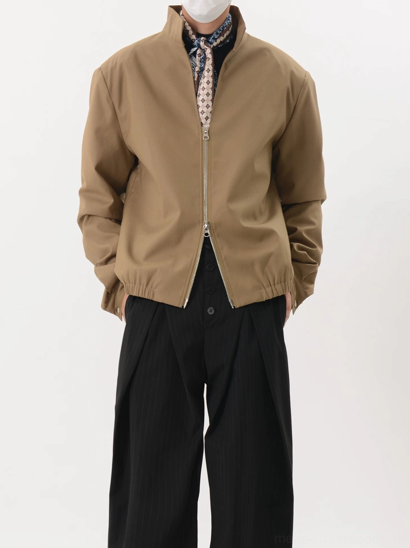 Khaki stand collar double-zip blouson jacket front full-body view in modern Seoul streetwear styling