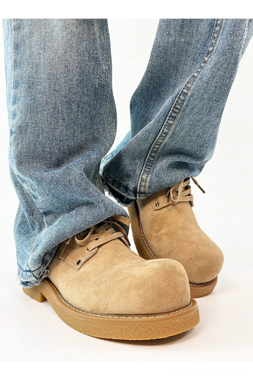 Khaki suede low-top platform derby shoes shown from the side with chunky crepe outsole and clean lace-up detailing