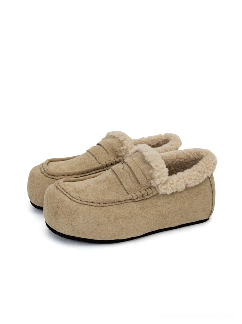 Khaki suede finish shearling lined penny loafers pair with round toe and thick platform rubber sole