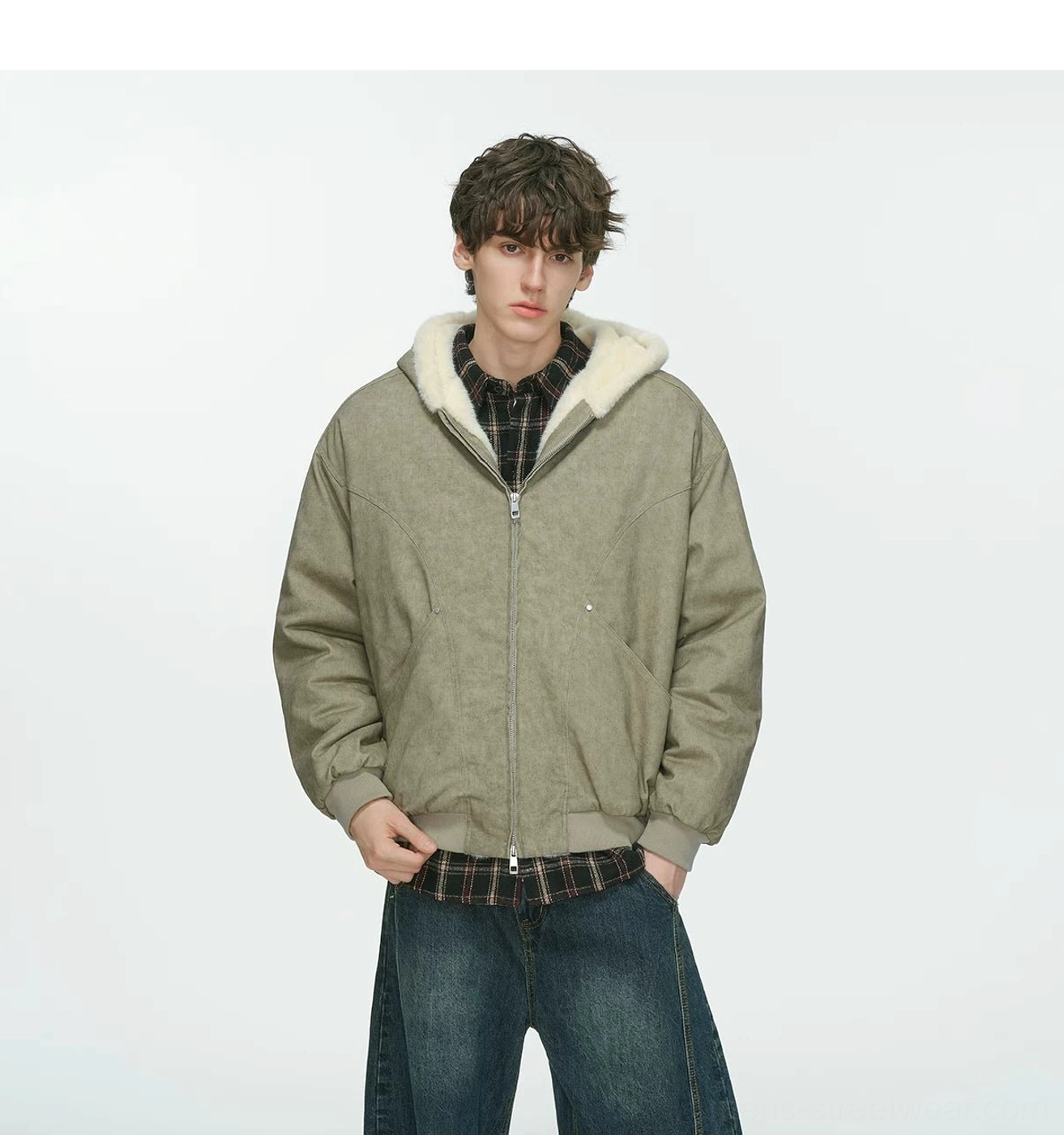 Khaki textured hooded bomber jacket close front view showing zipper pockets ribbed cuffs and hem