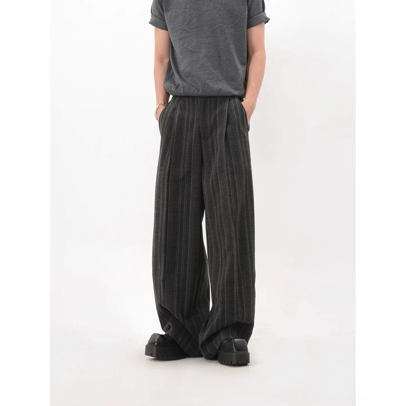 Khaki wide-leg trousers color option with relaxed drape and contemporary Korean streetwear proportions