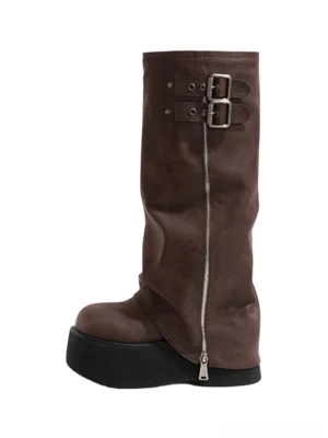 Brown knee-high platform boots with side zipper double buckle cuff and thick black sole