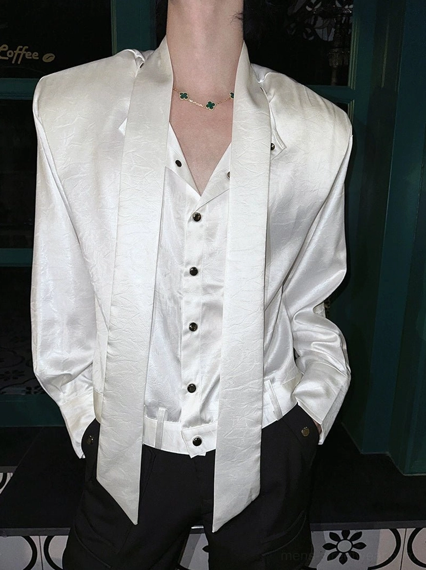 Modern glossy tie-neck button-up shirt designed for Korean fashion and East Asian streetwear outfits