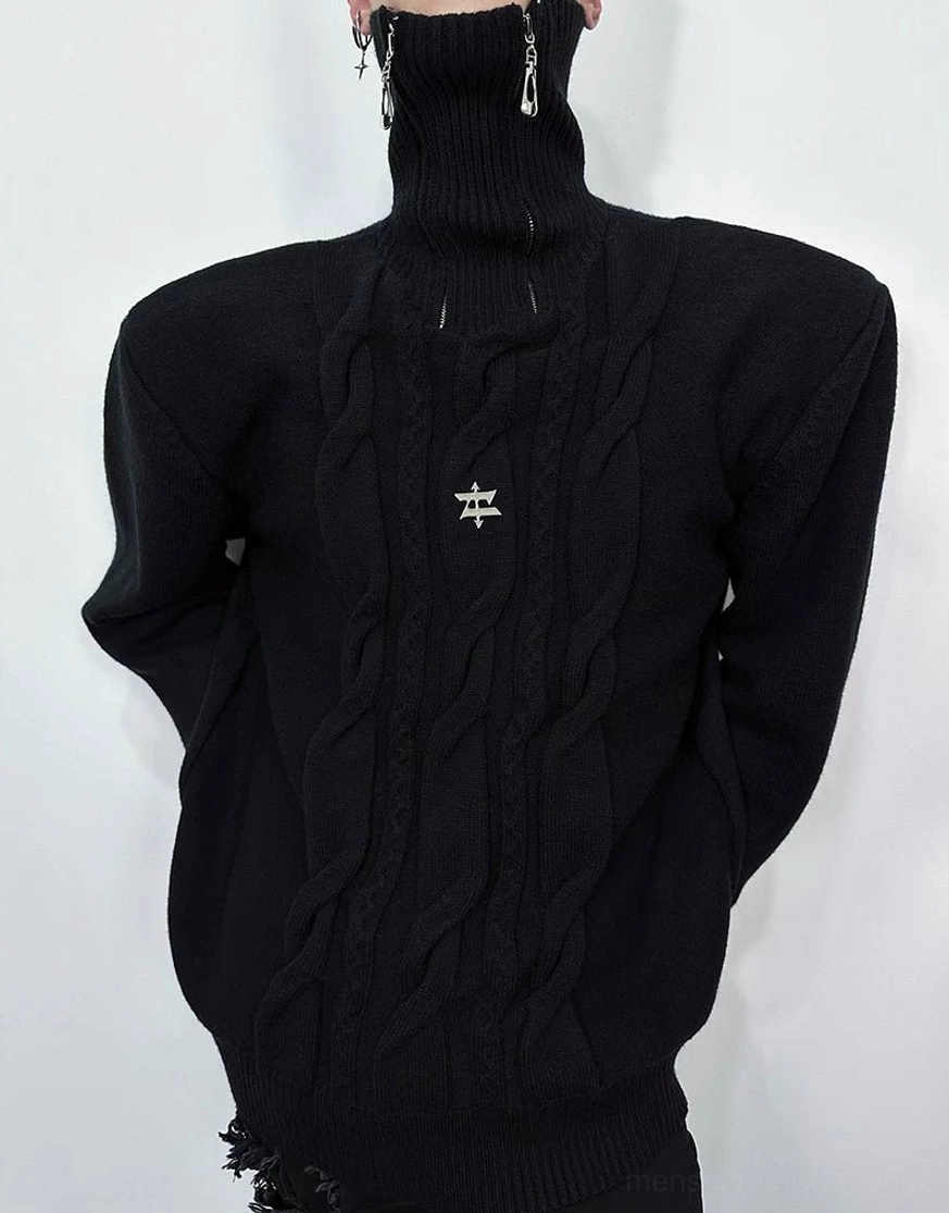 Korean fashion half-zip cable knit sweater with plush texture, ribbed trims, and minimalist celestial accent