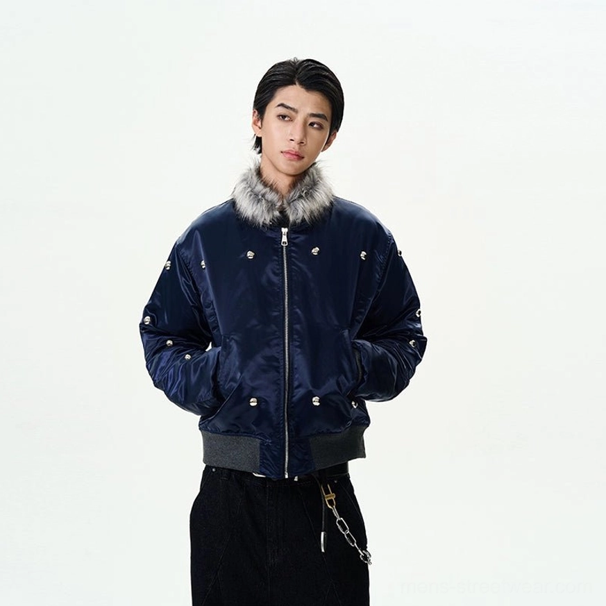 Korean fashion navy bomber jacket featuring grey faux fur collar glossy finish ribbed hem and silver stud accents