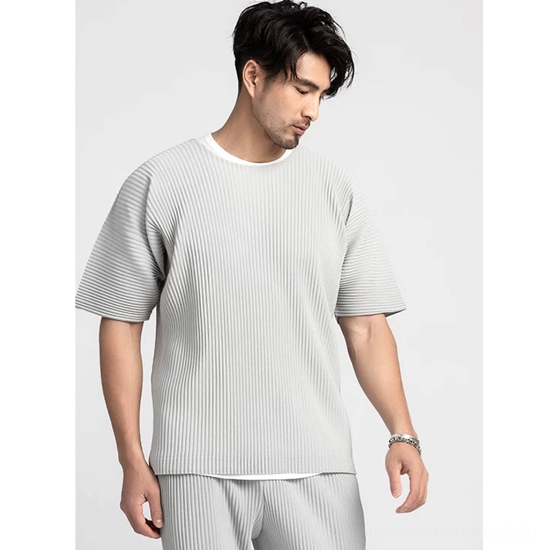 Korean-inspired men's ribbed pleated tee with boxy silhouette for Acubi style and urban casual outfits