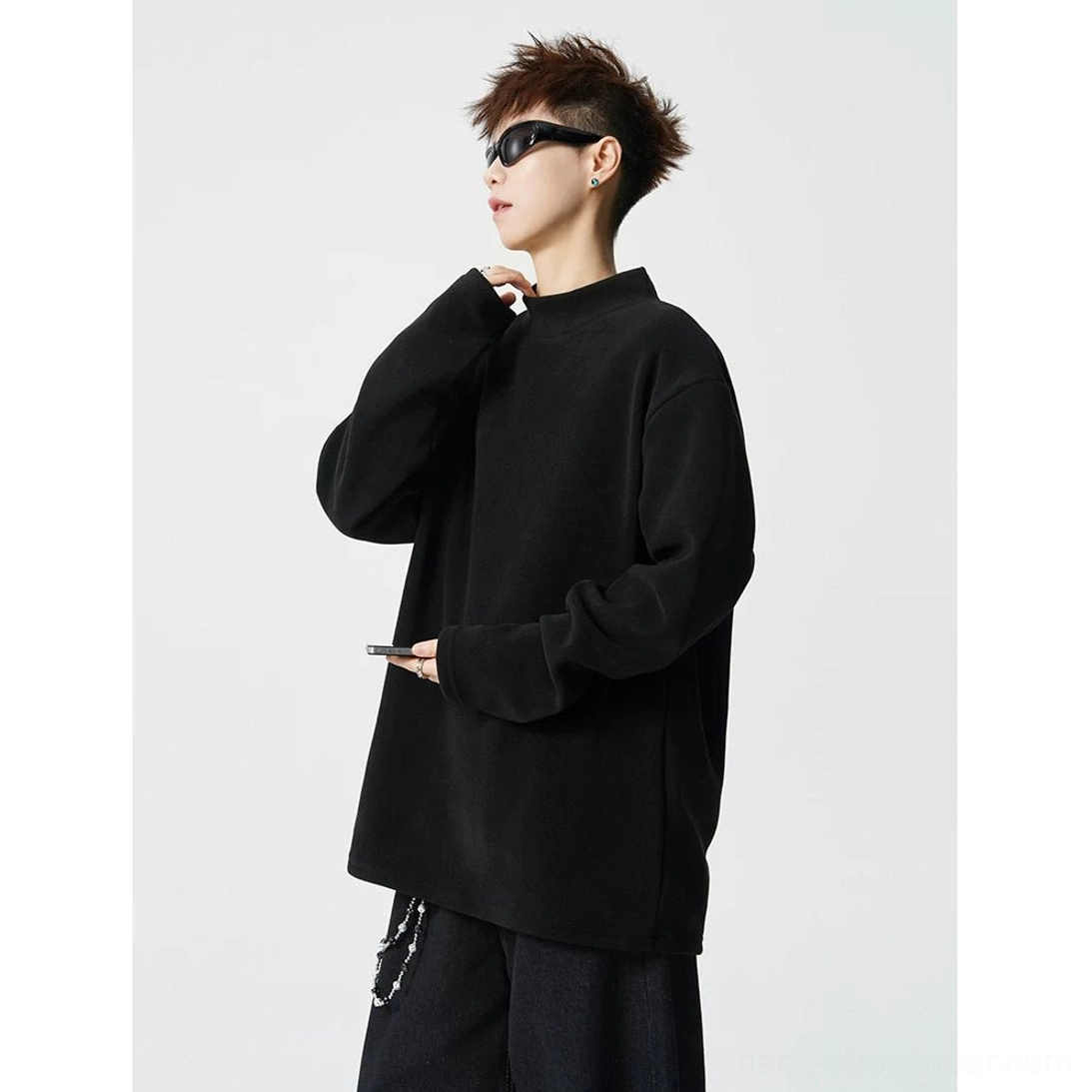 Korean-inspired mock neck fleece streetwear top with relaxed proportions and soft everyday layering comfort