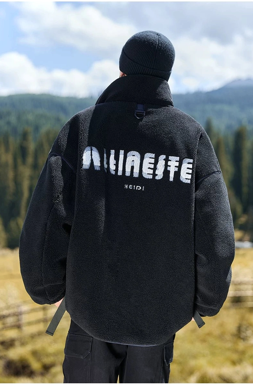 Korean-inspired oversized winter jacket combining plush sherpa texture, padded warmth, and functional streetwear details