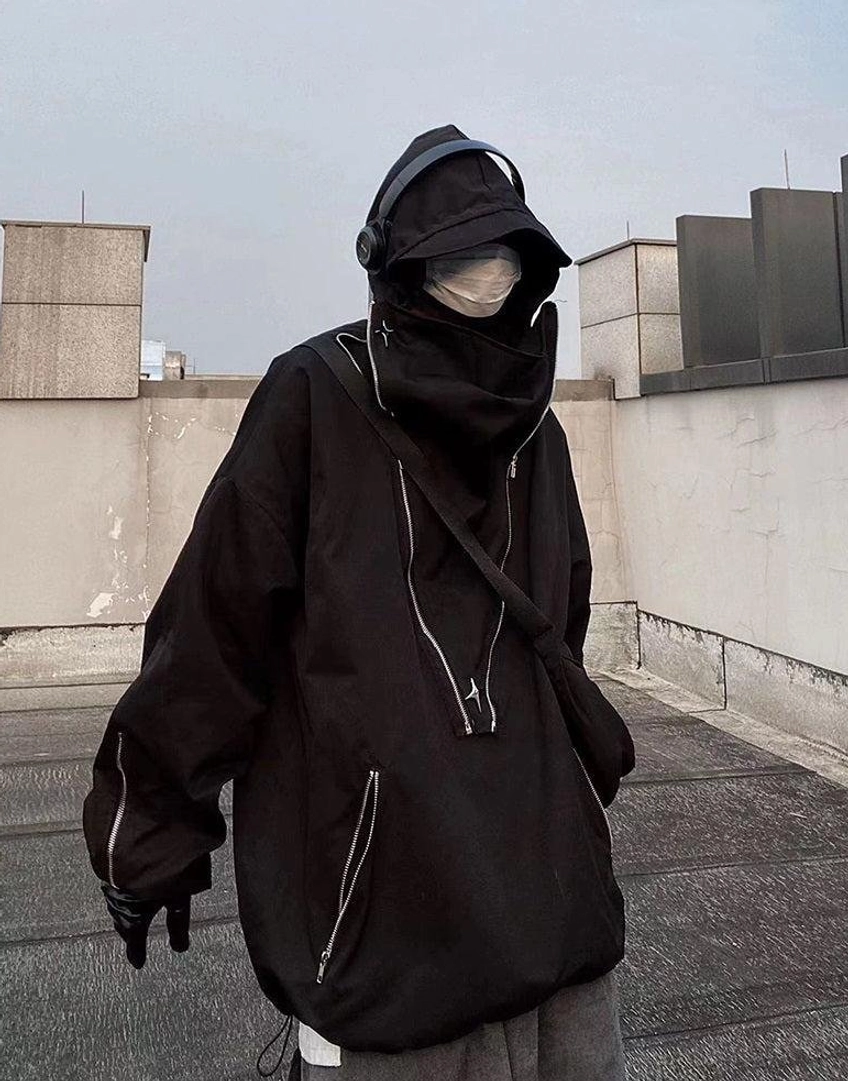 Korean-inspired oversized utility jacket with hooded high neck, metal zipper hardware, and contemporary urban silhouette
