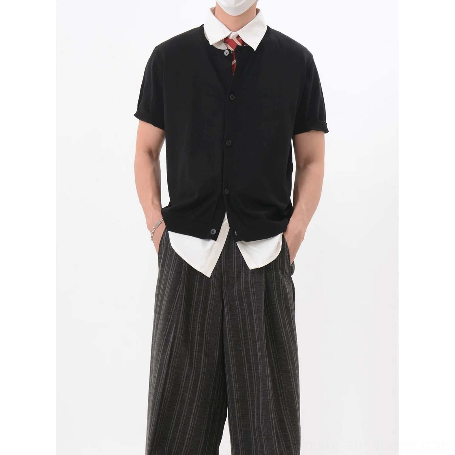 Black Korean layered look short sleeve V-neck knit cardigan product image with button-front construction