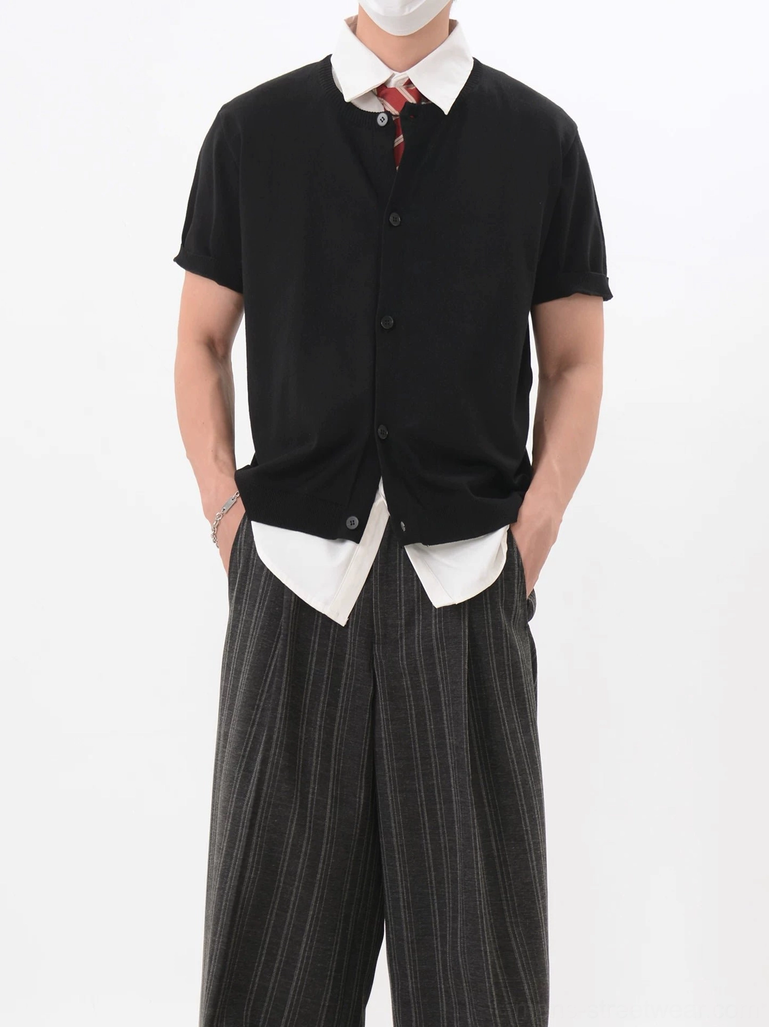 Black Korean layered look short sleeve V-neck knit cardigan with button closure and red tie front full body view