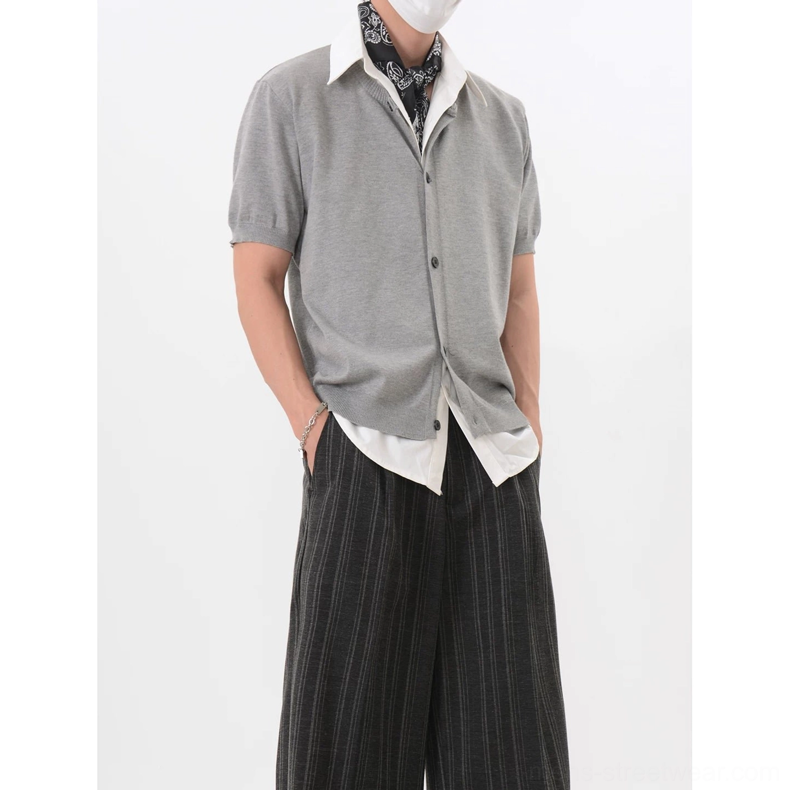 Gray Korean layered look short sleeve V-neck knit cardigan product image with fine-gauge knit texture