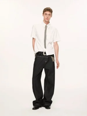 White Korean preppy short sleeve button up shirt with coordinating grey tie and relaxed dark denim styling
