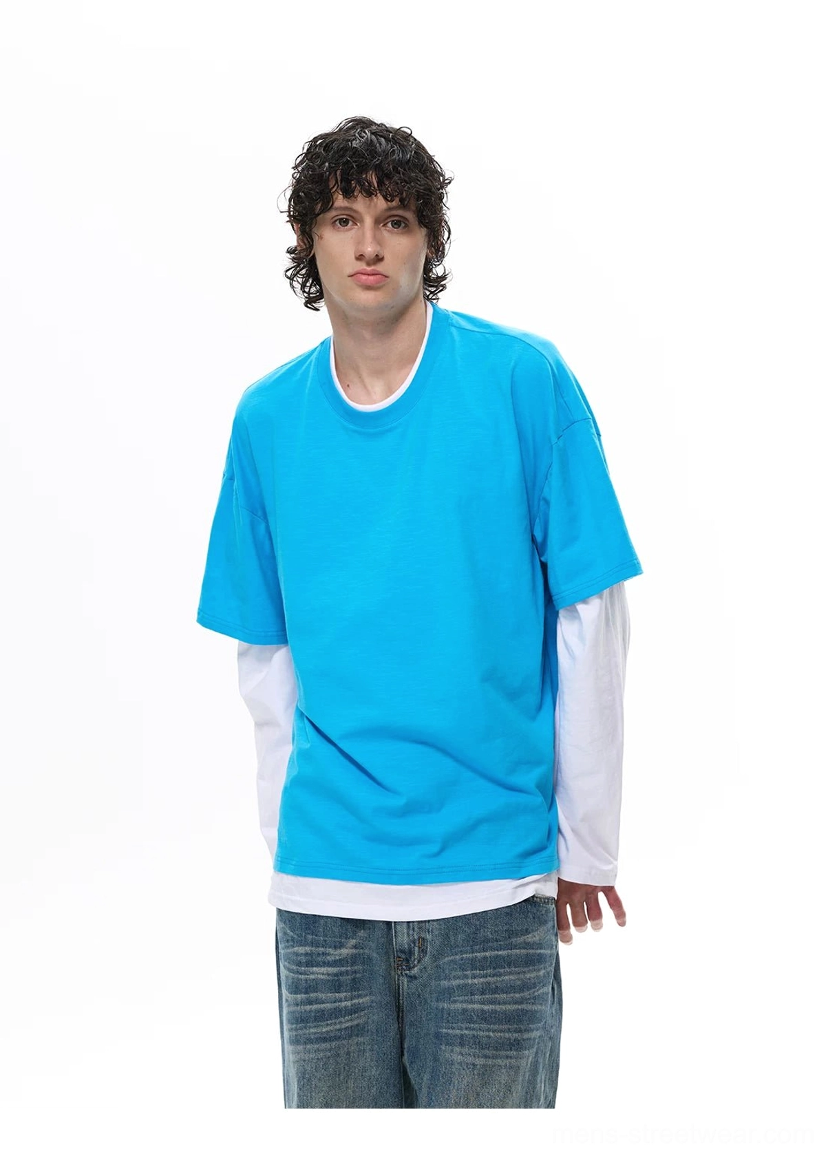 Korean streetwear color-blocked layered tee top designed with contrasting sleeves and a contemporary oversized silhouette