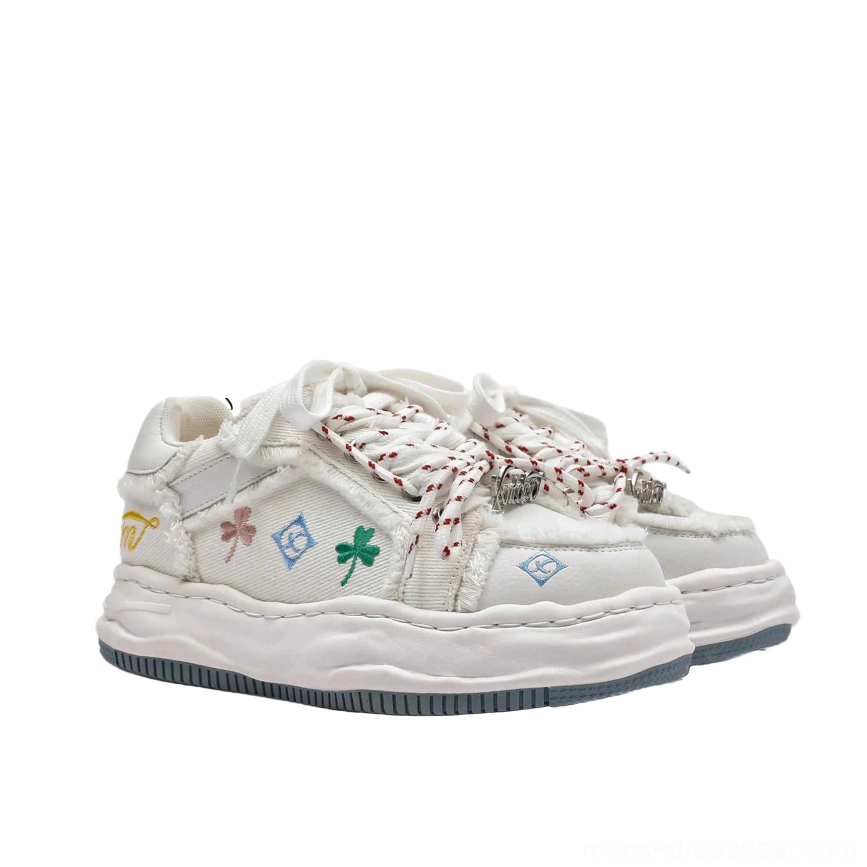 Korean streetwear distressed embroidered platform sneakers with raw-edge panels colorful motifs and thick platform sole