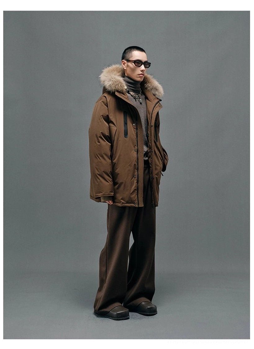 Korean streetwear inspired fur-collar down coat designed for cold weather layering and oversized urban outfits