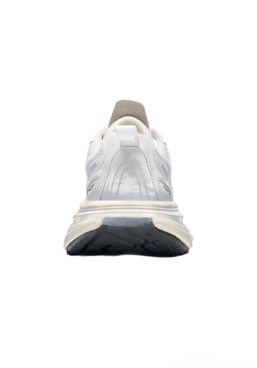 Korean streetwear metallic runner sneakers with retro dad shoe volume and thick segmented sole