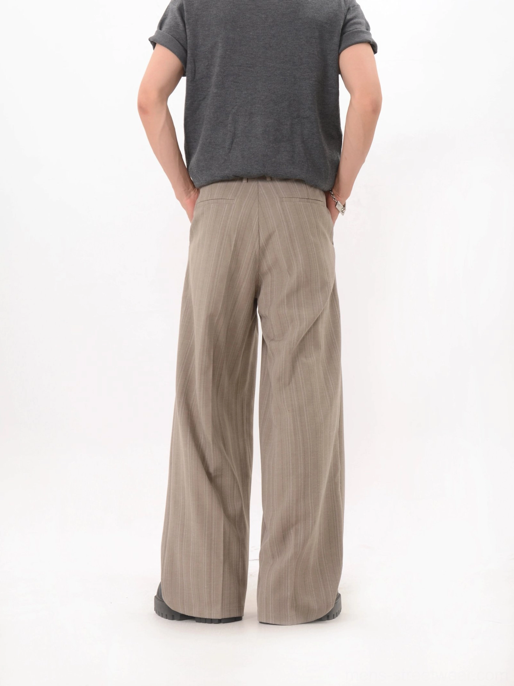 Korean streetwear pinstripe wide-leg draped trousers product image with relaxed tailored styling