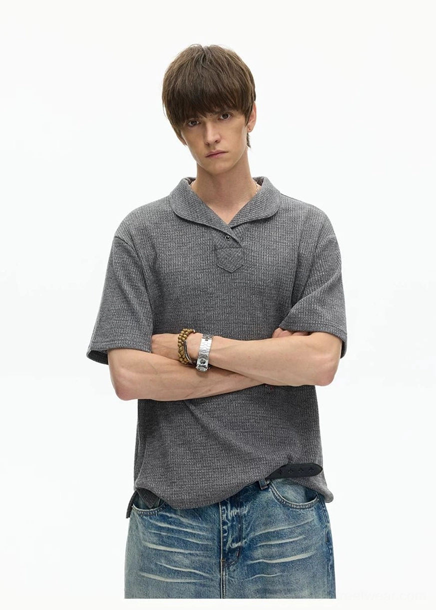 Korean streetwear shawl collar knit polo tee featuring lightweight waffle texture, short sleeves, and an understated boxy fit