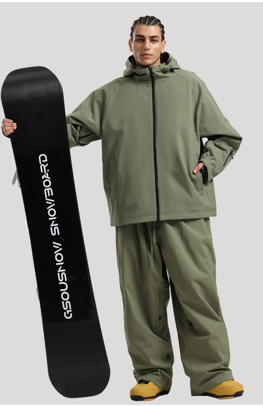 Korean streetwear snowboard jacket with relaxed proportions, wind-blocking hood, and practical outdoor shell construction