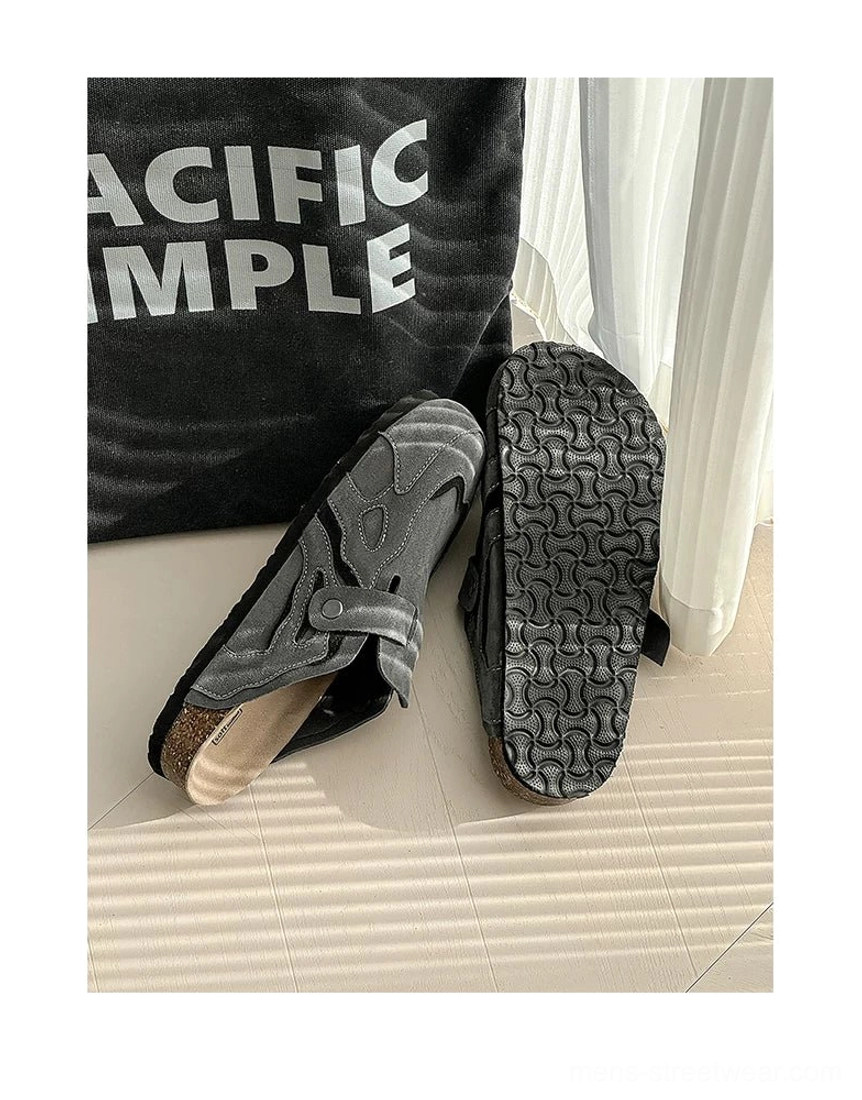 Korean streetwear inspired suede clogs with adjustable buckle strap, rounded closed toe, and contoured cork-look footbed