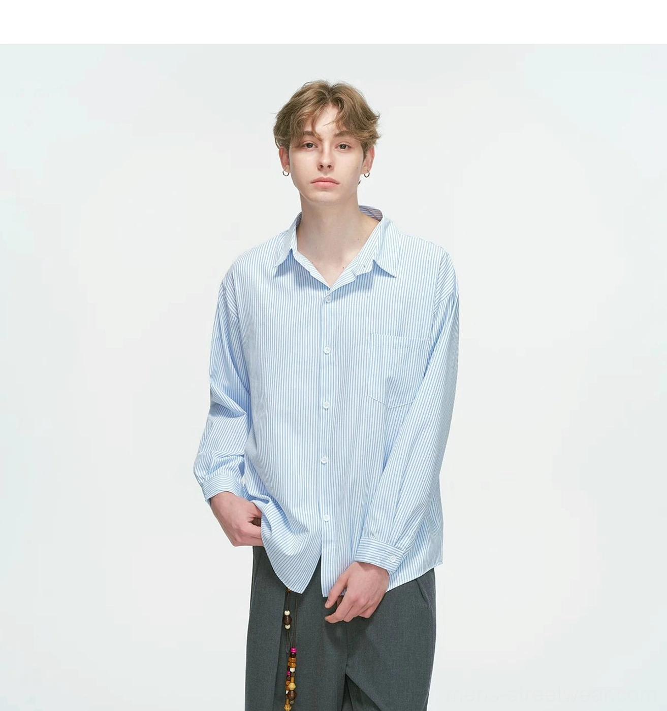 Korean streetwear vertical stripe overshirt with relaxed draped fit, button front, point collar, and chest pocket