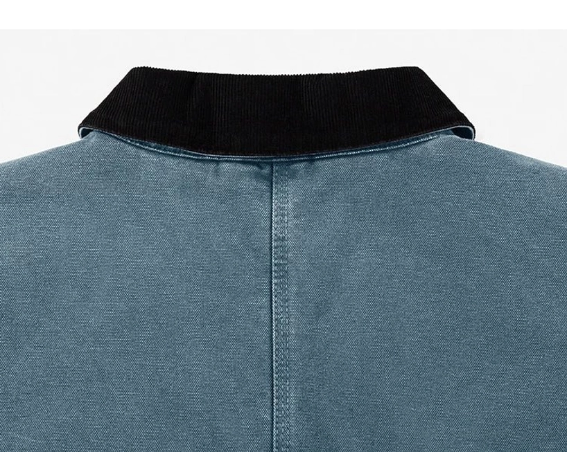 Modern Korean style work jacket with boxy cropped silhouette, contrasting corduroy collar, and quilted interior