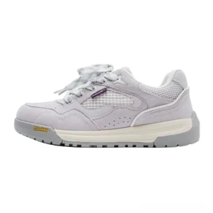 Lavender purple retro runner sneakers with suede mesh upper purple tongue and contrasting yellow outsole detail