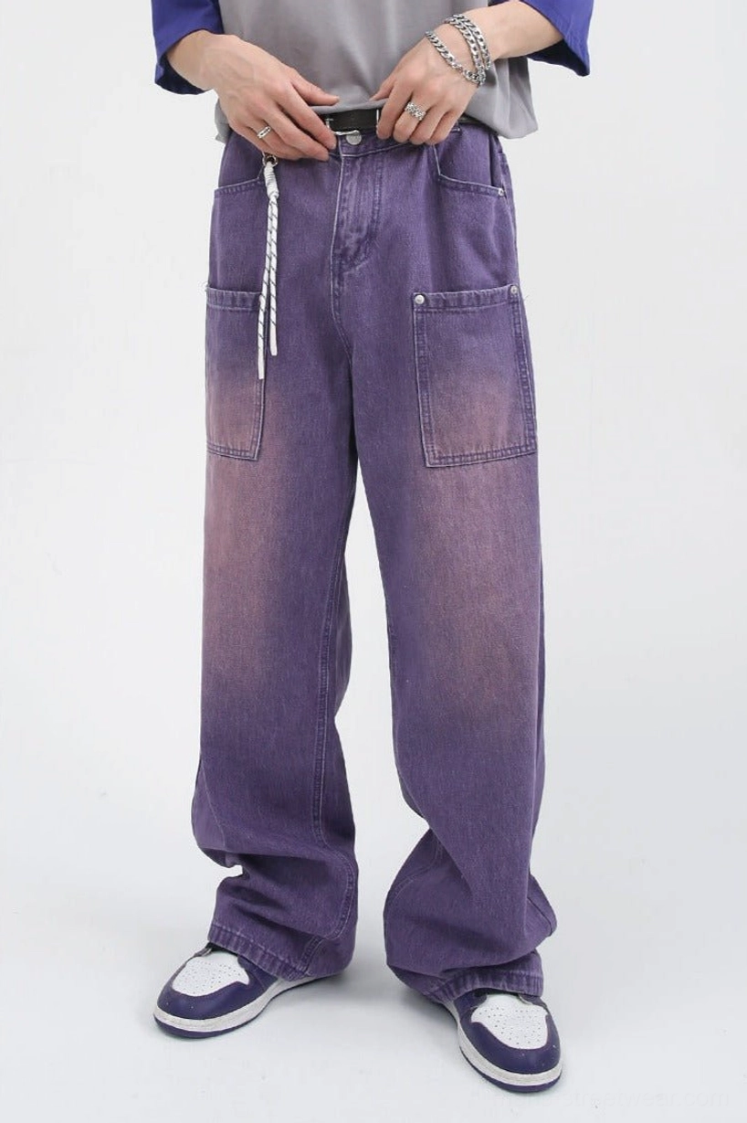 Lavender washed wide-leg carpenter jeans styled with layered tops and sneakers in a Korean streetwear outfit
