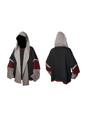 Front view of a layered black gray and red color block hooded sweatshirt with draped hood scarf overlay and relaxed Korean streetwear silhouette