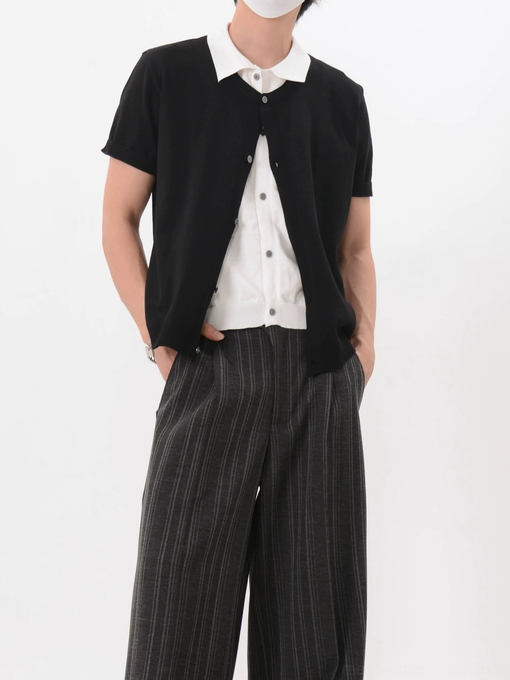 Black Korean preppy layered collar cardigan shirt featuring a white button-front insert and relaxed straight fit