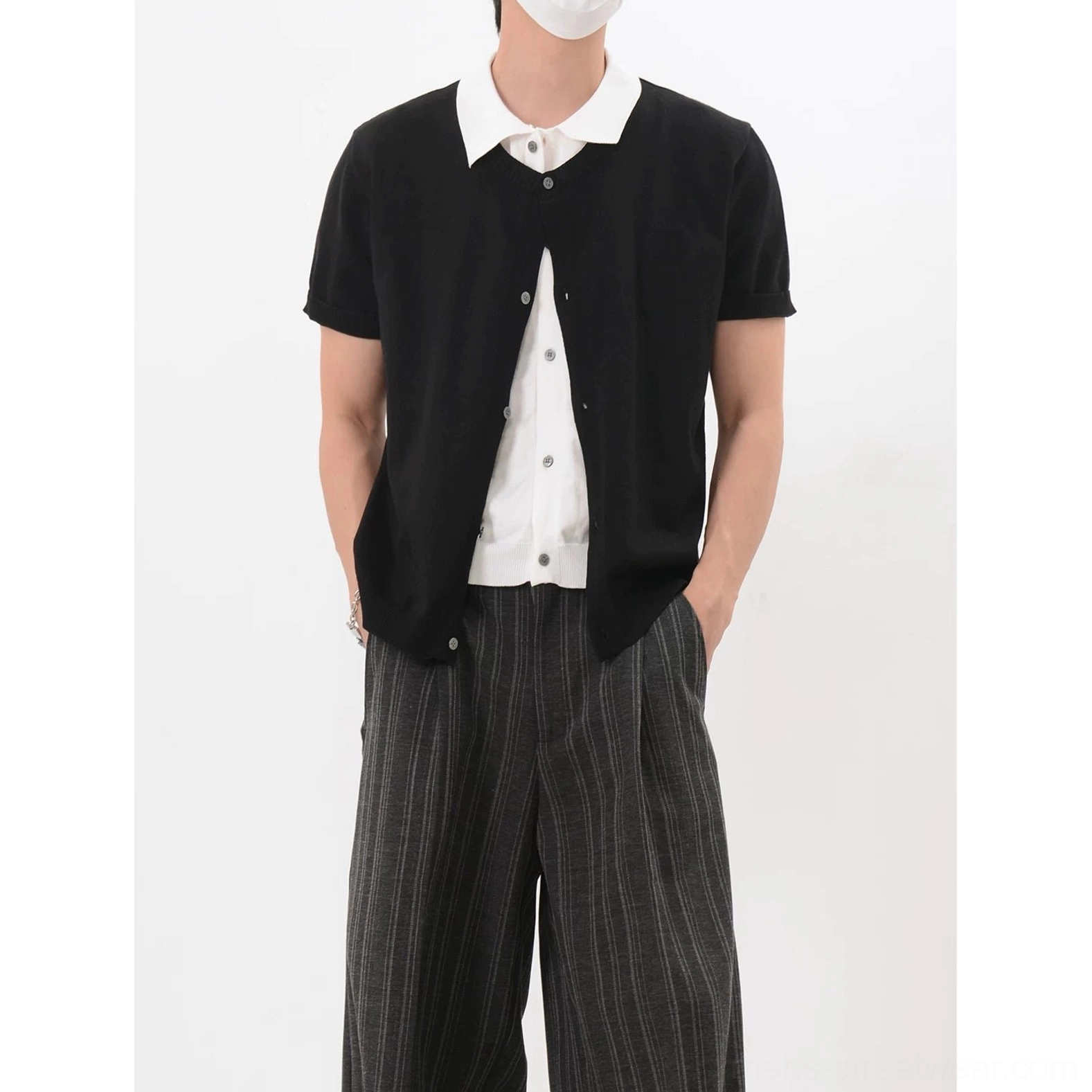 Black minimalist layered knit cardigan shirt with white collar insert shown in a clean casual Korean streetwear outfit