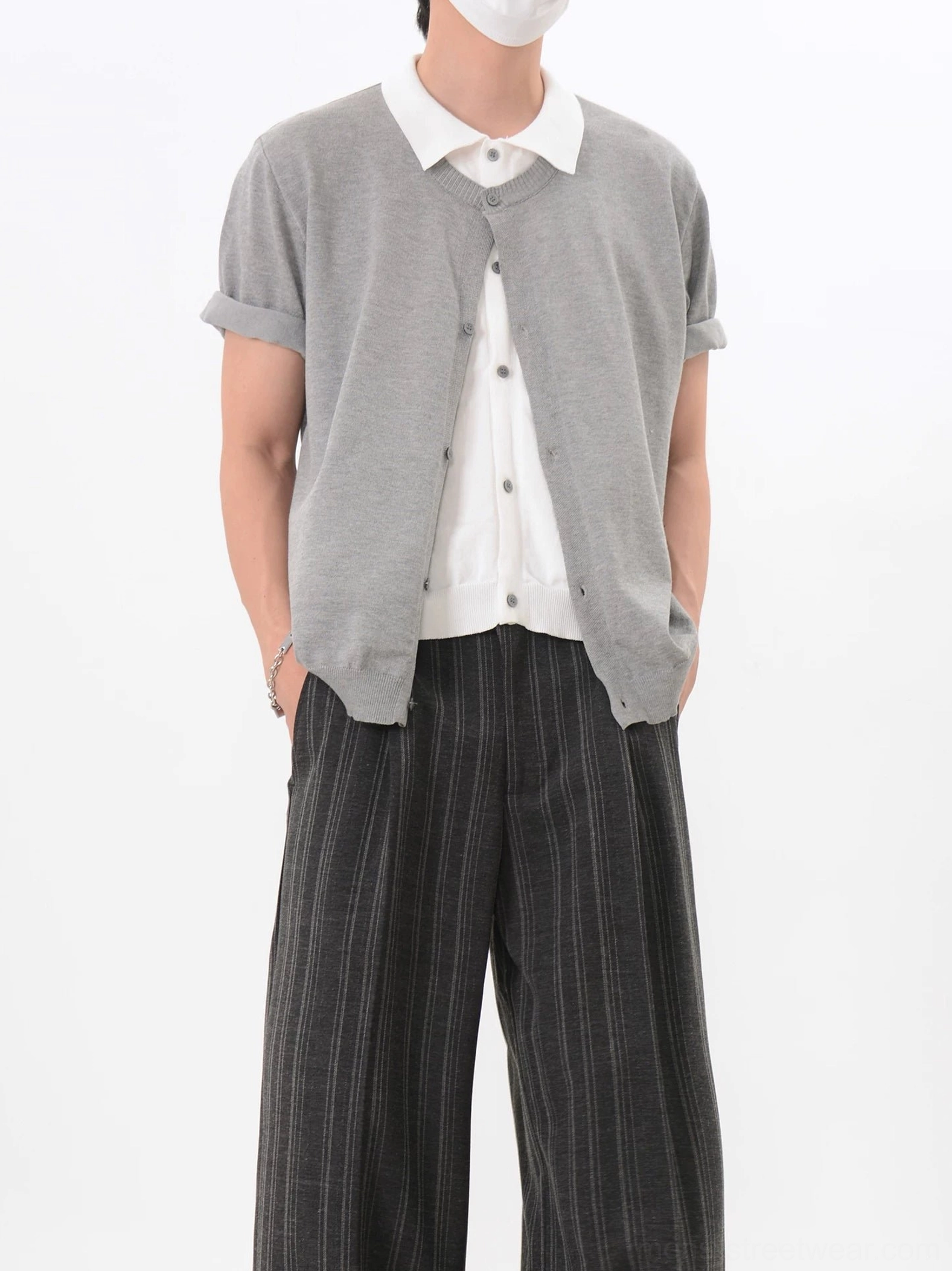 Heather gray layered collar knit cardigan shirt with white shirt panel and rolled sleeve cuffs in Korean streetwear style