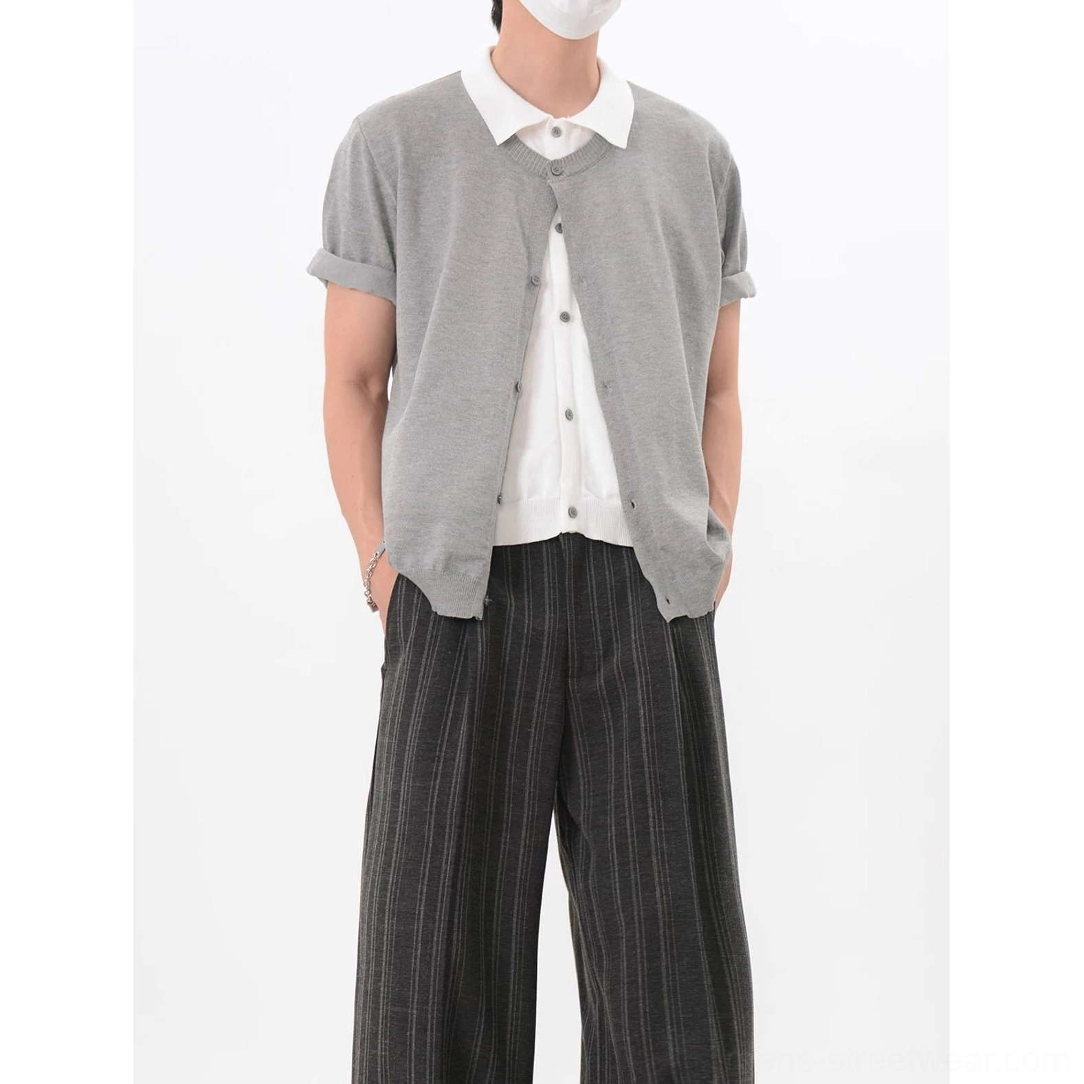 Gray layered collar knit cardigan shirt with integrated white button-up panel for Korean preppy streetwear