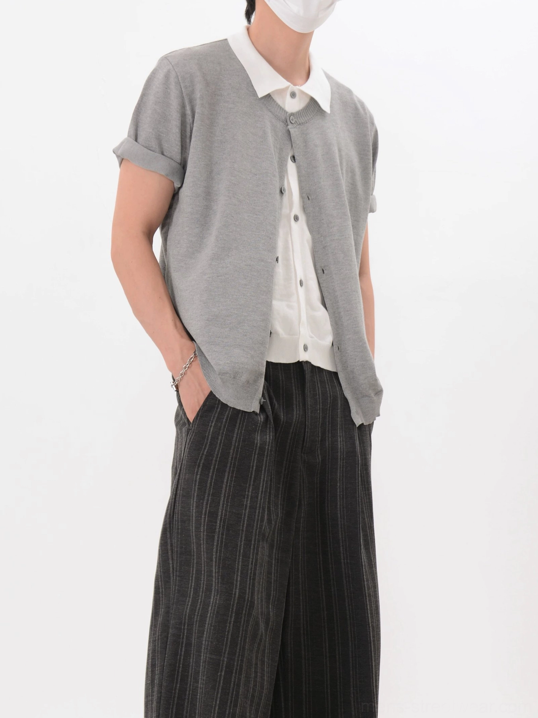 Gray short sleeve layered collar knit cardigan shirt with crisp white inner shirt effect for Seoul-inspired menswear