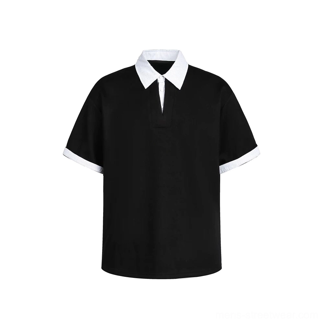 Black oversized knit polo tee with white layered collar for Korean mens streetwear main product view