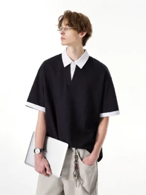 Black layered collar oversized knit polo tee in Korean streetwear style shown in left profile on male model
